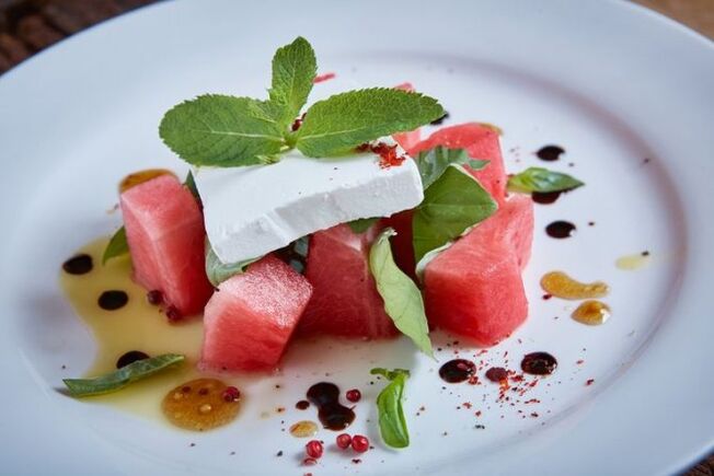 watermelon salad with sliced ​​cheese